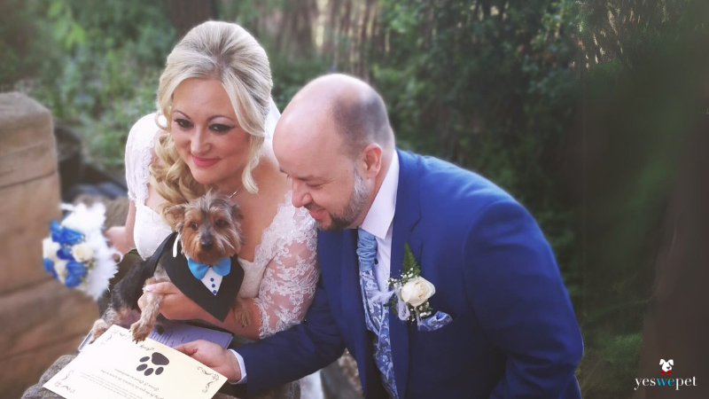 perro con los novios en su boda, firmando como testigo con su huella.
cachorro com os noivos no casamento, como testemunho assinando com su patinha 