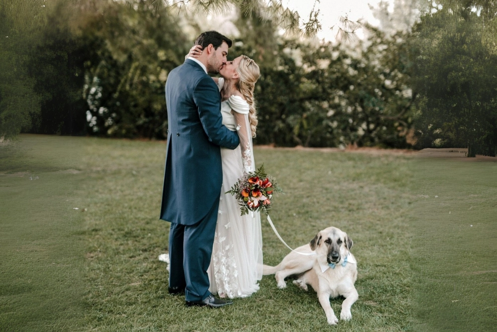 sessão de fotos de um casamento com o cão convidado